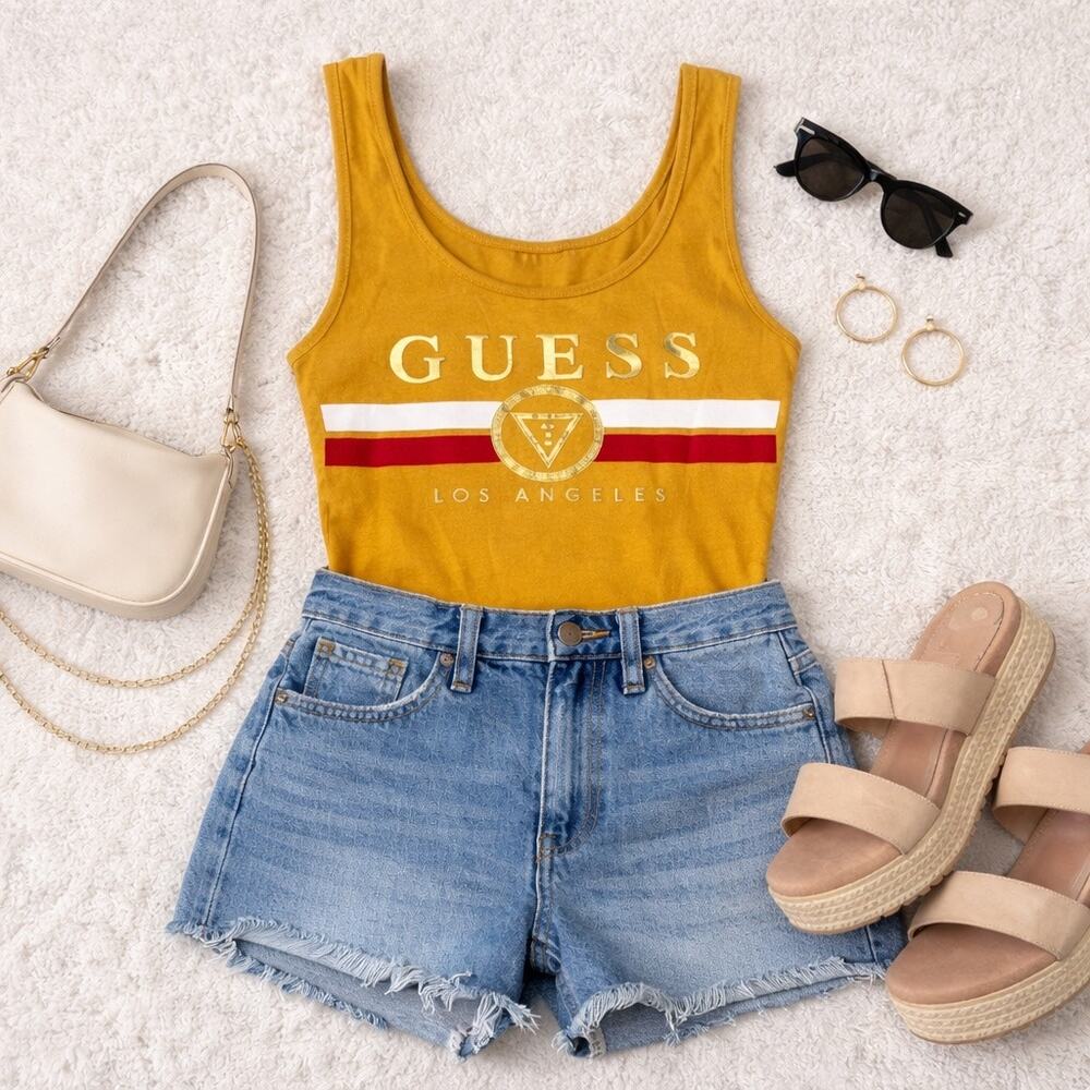 GUESS Los Angeles Logo Tank Top Mustard Gold Size Medium Y2K